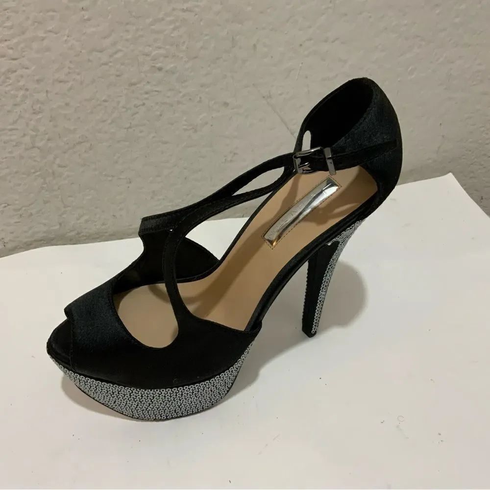 New H by Halston  Adele Sequin Heels platform black size 7
